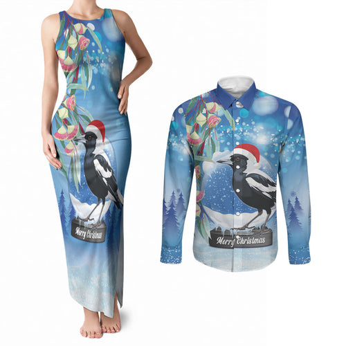 Australia Magpie Christmas In July Couples Matching Tank Maxi Dress and Long Sleeve Button Shirt Eucalyptus Snow Globe Merry Xmas