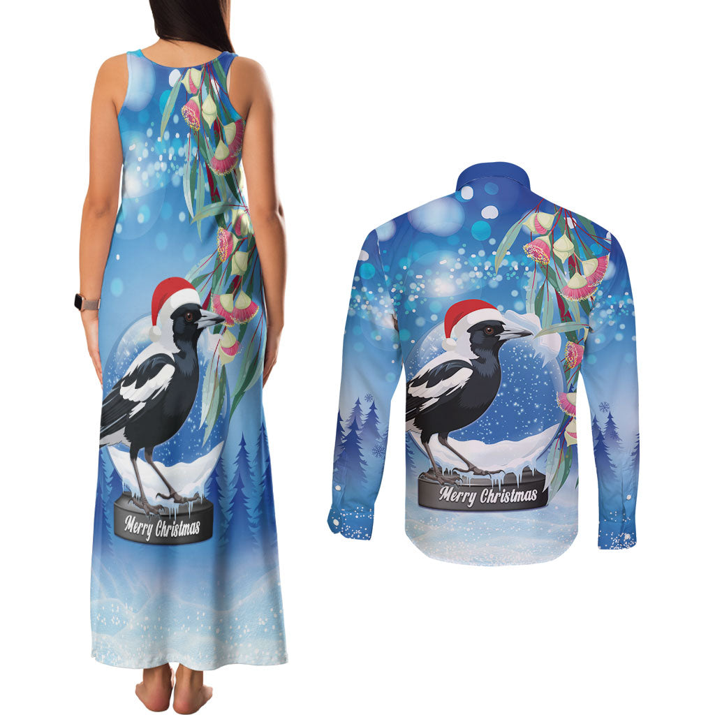 Australia Magpie Christmas In July Couples Matching Tank Maxi Dress and Long Sleeve Button Shirt Eucalyptus Snow Globe Merry Xmas