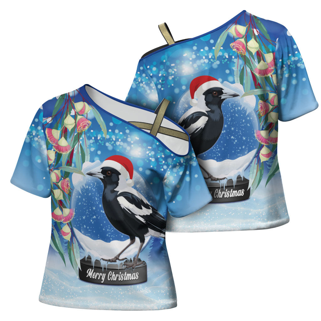 Australia Magpie Christmas In July Cross Shoulder Shirt Eucalyptus Snow Globe Merry Xmas
