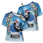 Australia Magpie Christmas In July Cross Shoulder Shirt Eucalyptus Snow Globe Merry Xmas