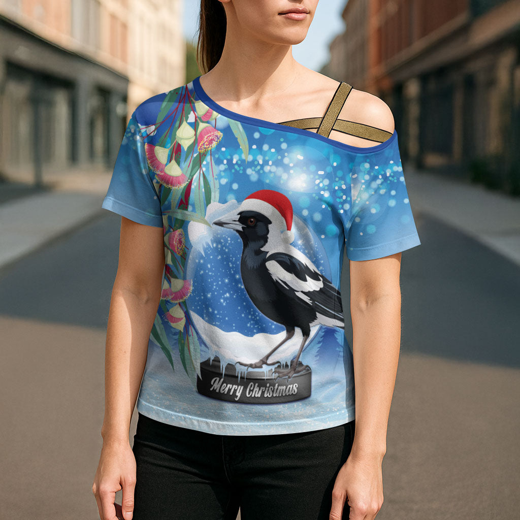 Australia Magpie Christmas In July Cross Shoulder Shirt Eucalyptus Snow Globe Merry Xmas