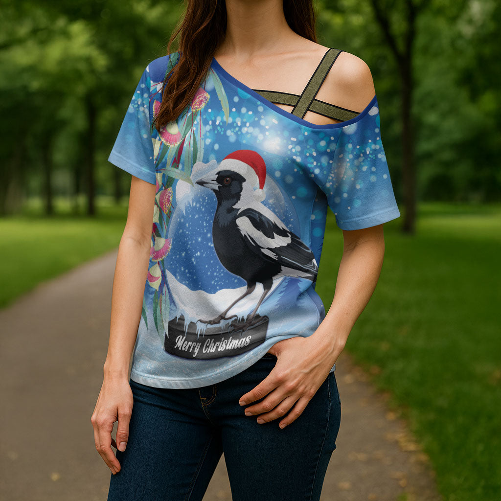 Australia Magpie Christmas In July Cross Shoulder Shirt Eucalyptus Snow Globe Merry Xmas
