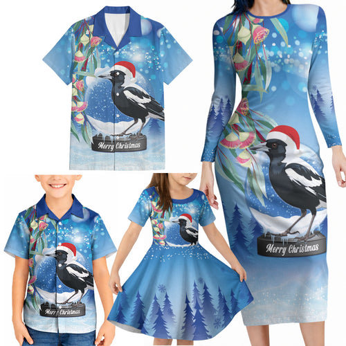 Australia Magpie Christmas In July Family Matching Long Sleeve Bodycon Dress and Hawaiian Shirt Eucalyptus Snow Globe Merry Xmas