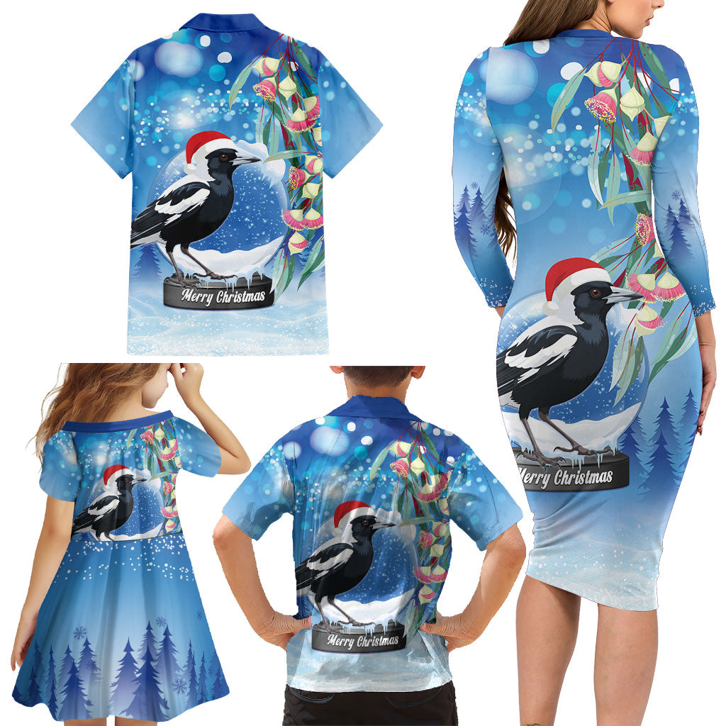 Australia Magpie Christmas In July Family Matching Long Sleeve Bodycon Dress and Hawaiian Shirt Eucalyptus Snow Globe Merry Xmas