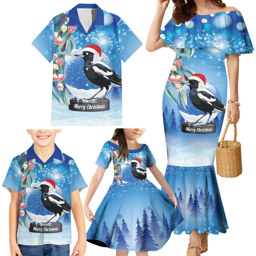 Australia Magpie Christmas In July Family Matching Mermaid Dress and Hawaiian Shirt Eucalyptus Snow Globe Merry Xmas
