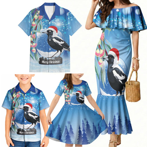 Australia Magpie Christmas In July Family Matching Mermaid Dress and Hawaiian Shirt Eucalyptus Snow Globe Merry Xmas
