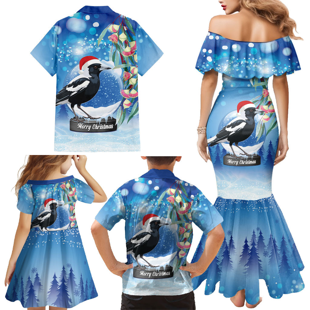 Australia Magpie Christmas In July Family Matching Mermaid Dress and Hawaiian Shirt Eucalyptus Snow Globe Merry Xmas