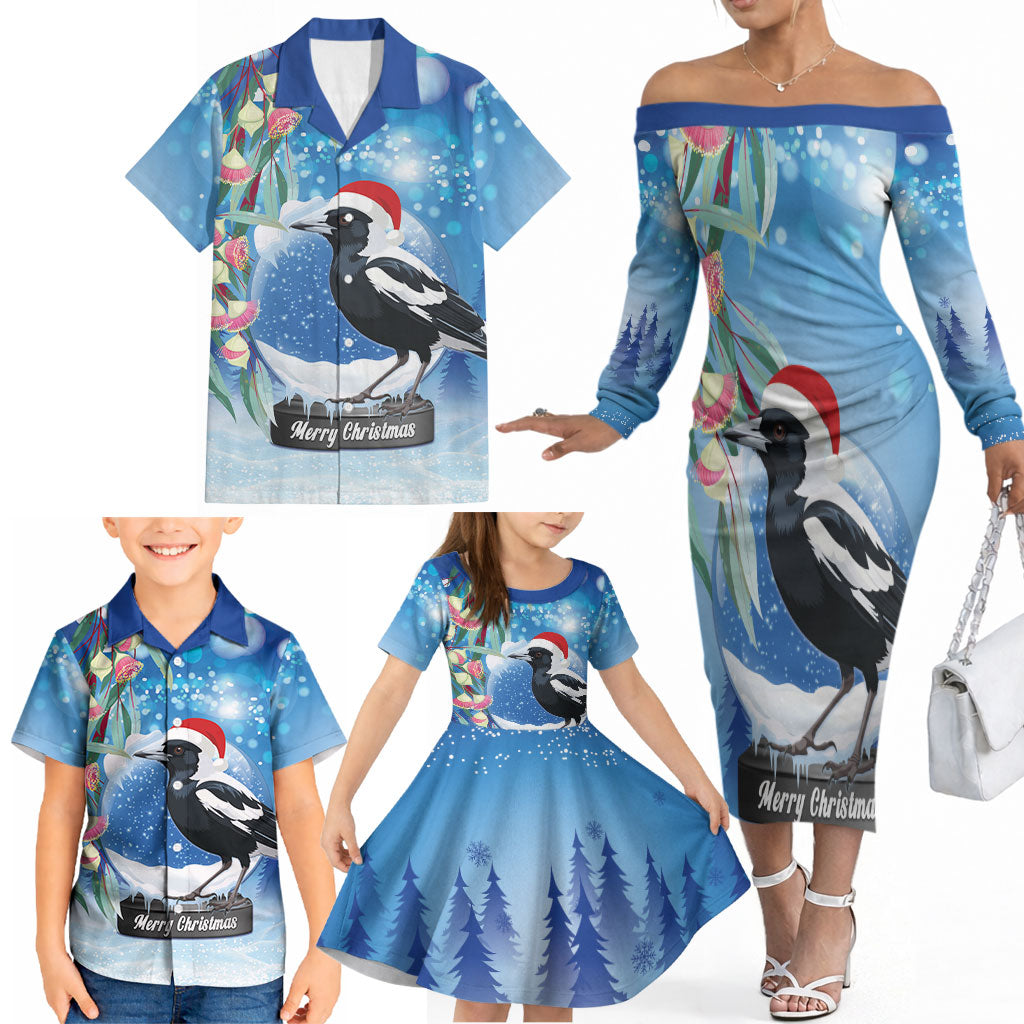 Australia Magpie Christmas In July Family Matching Off The Shoulder Long Sleeve Dress and Hawaiian Shirt Eucalyptus Snow Globe Merry Xmas