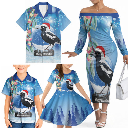 Australia Magpie Christmas In July Family Matching Off The Shoulder Long Sleeve Dress and Hawaiian Shirt Eucalyptus Snow Globe Merry Xmas
