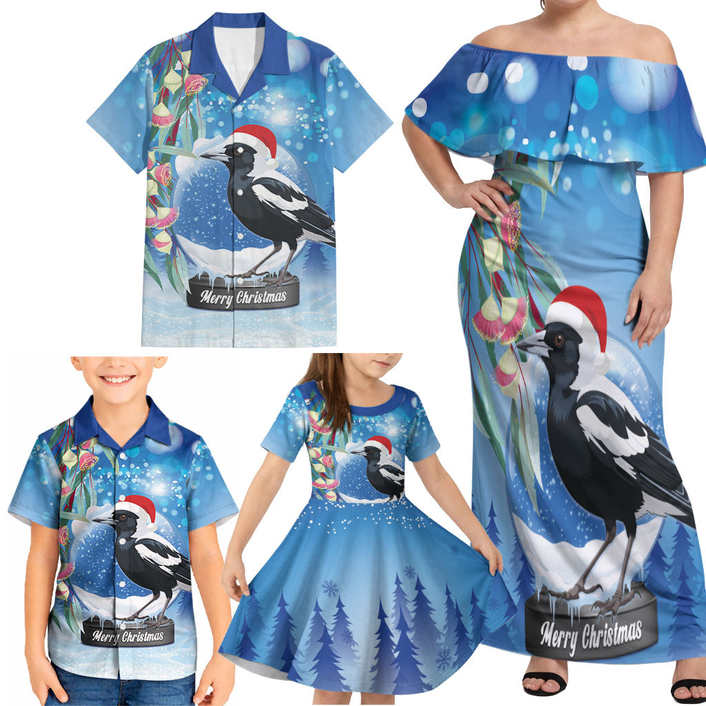 Australia Magpie Christmas In July Family Matching Off Shoulder Maxi Dress and Hawaiian Shirt Eucalyptus Snow Globe Merry Xmas