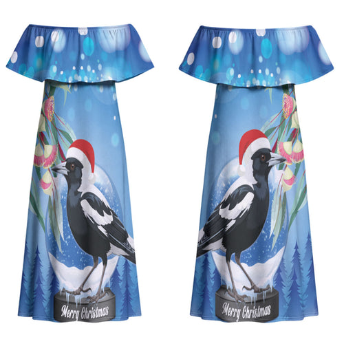 Australia Magpie Christmas In July Family Matching Off Shoulder Maxi Dress and Hawaiian Shirt Eucalyptus Snow Globe Merry Xmas