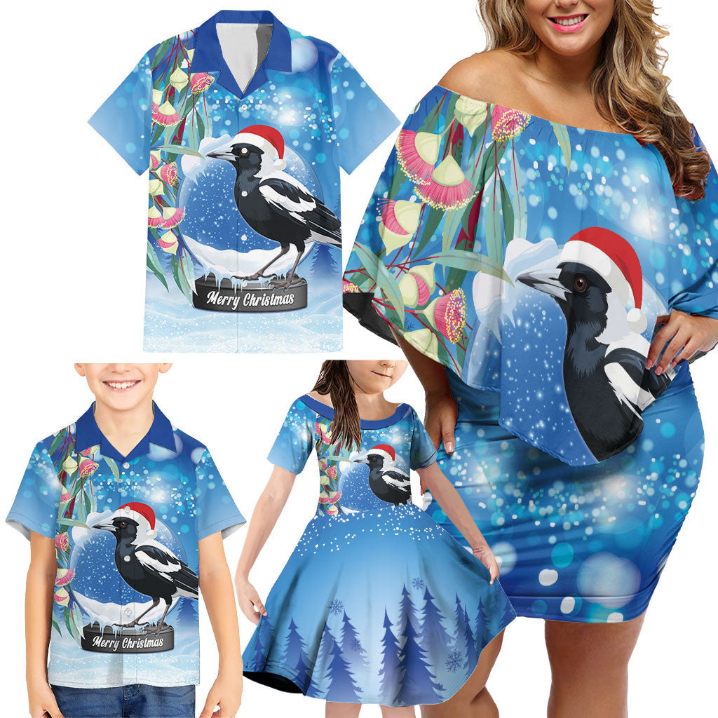 Australia Magpie Christmas In July Family Matching Off Shoulder Short Dress and Hawaiian Shirt Eucalyptus Snow Globe Merry Xmas