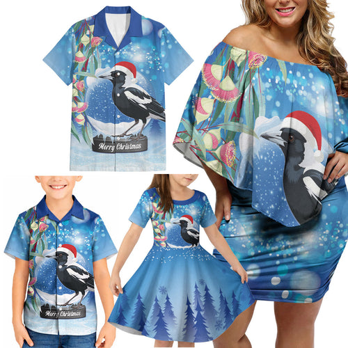 Australia Magpie Christmas In July Family Matching Off Shoulder Short Dress and Hawaiian Shirt Eucalyptus Snow Globe Merry Xmas
