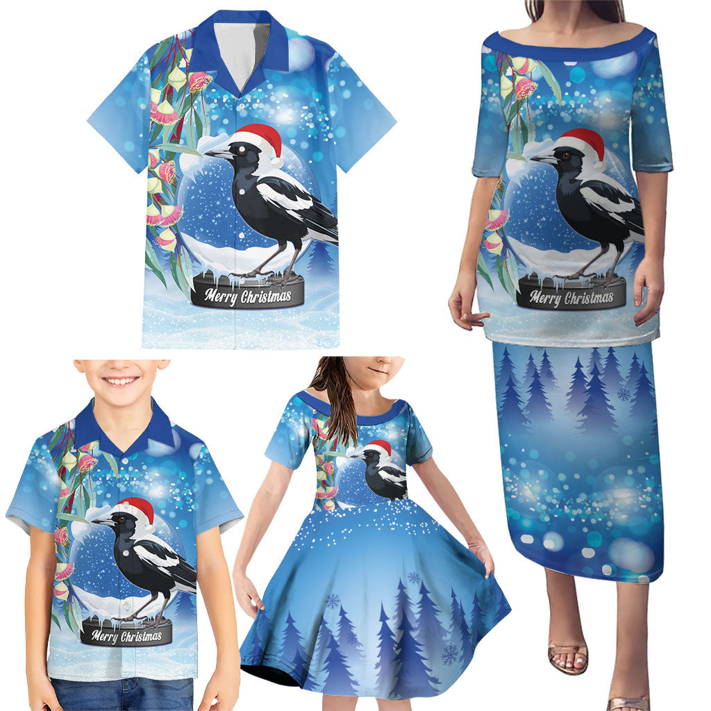 Australia Magpie Christmas In July Family Matching Puletasi and Hawaiian Shirt Eucalyptus Snow Globe Merry Xmas