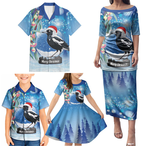 Australia Magpie Christmas In July Family Matching Puletasi and Hawaiian Shirt Eucalyptus Snow Globe Merry Xmas