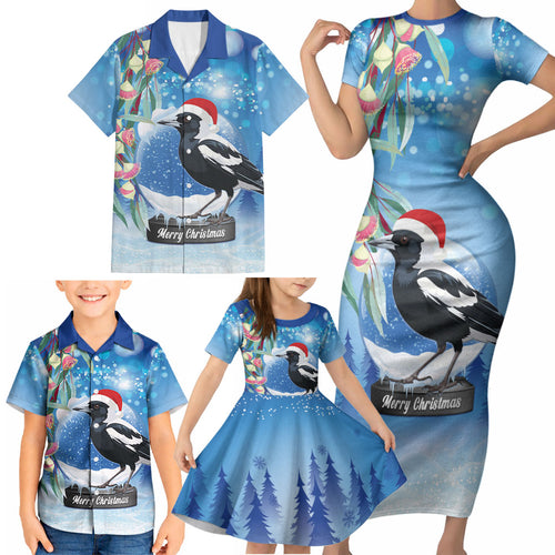 Australia Magpie Christmas In July Family Matching Short Sleeve Bodycon Dress and Hawaiian Shirt Eucalyptus Snow Globe Merry Xmas