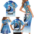 Australia Magpie Christmas In July Family Matching Short Sleeve Bodycon Dress and Hawaiian Shirt Eucalyptus Snow Globe Merry Xmas