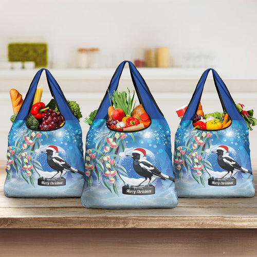 Australia Magpie Christmas In July Grocery Bag Eucalyptus Snow Globe Merry Xmas