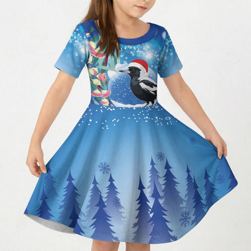 Australia Magpie Christmas In July Kid Short Sleeve Dress Eucalyptus Snow Globe Merry Xmas