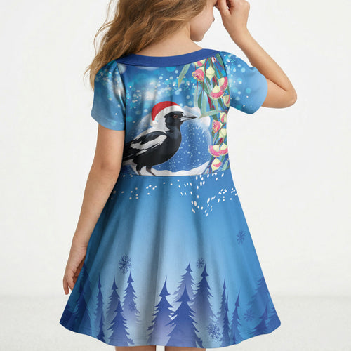 Australia Magpie Christmas In July Kid Short Sleeve Dress Eucalyptus Snow Globe Merry Xmas