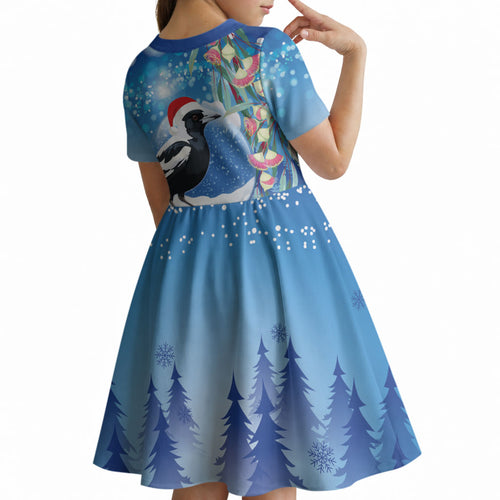 Australia Magpie Christmas In July Kid Short Sleeve Dress Eucalyptus Snow Globe Merry Xmas