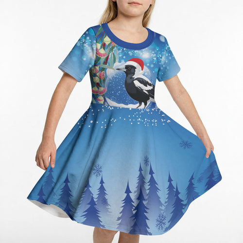 Australia Magpie Christmas In July Kid Short Sleeve Dress Eucalyptus Snow Globe Merry Xmas