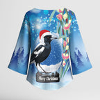 Australia Magpie Christmas In July Kimono Sleeve Blouse Eucalyptus Snow Globe Merry Xmas