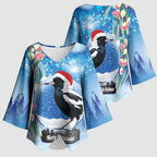 Australia Magpie Christmas In July Kimono Sleeve Blouse Eucalyptus Snow Globe Merry Xmas