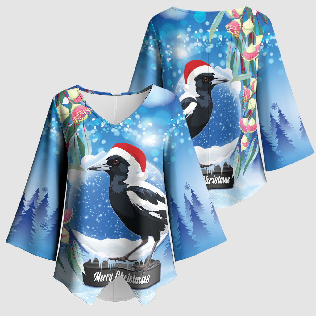 Australia Magpie Christmas In July Kimono Sleeve Blouse Eucalyptus Snow Globe Merry Xmas