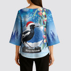 Australia Magpie Christmas In July Kimono Sleeve Blouse Eucalyptus Snow Globe Merry Xmas