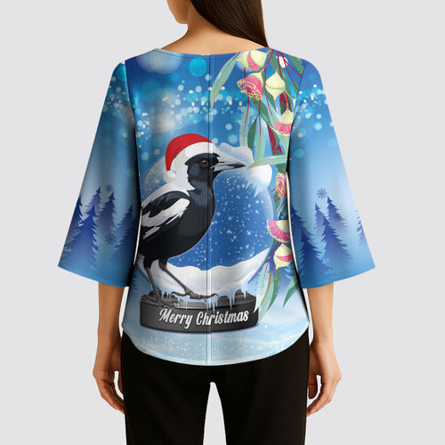 Australia Magpie Christmas In July Kimono Sleeve Blouse Eucalyptus Snow Globe Merry Xmas
