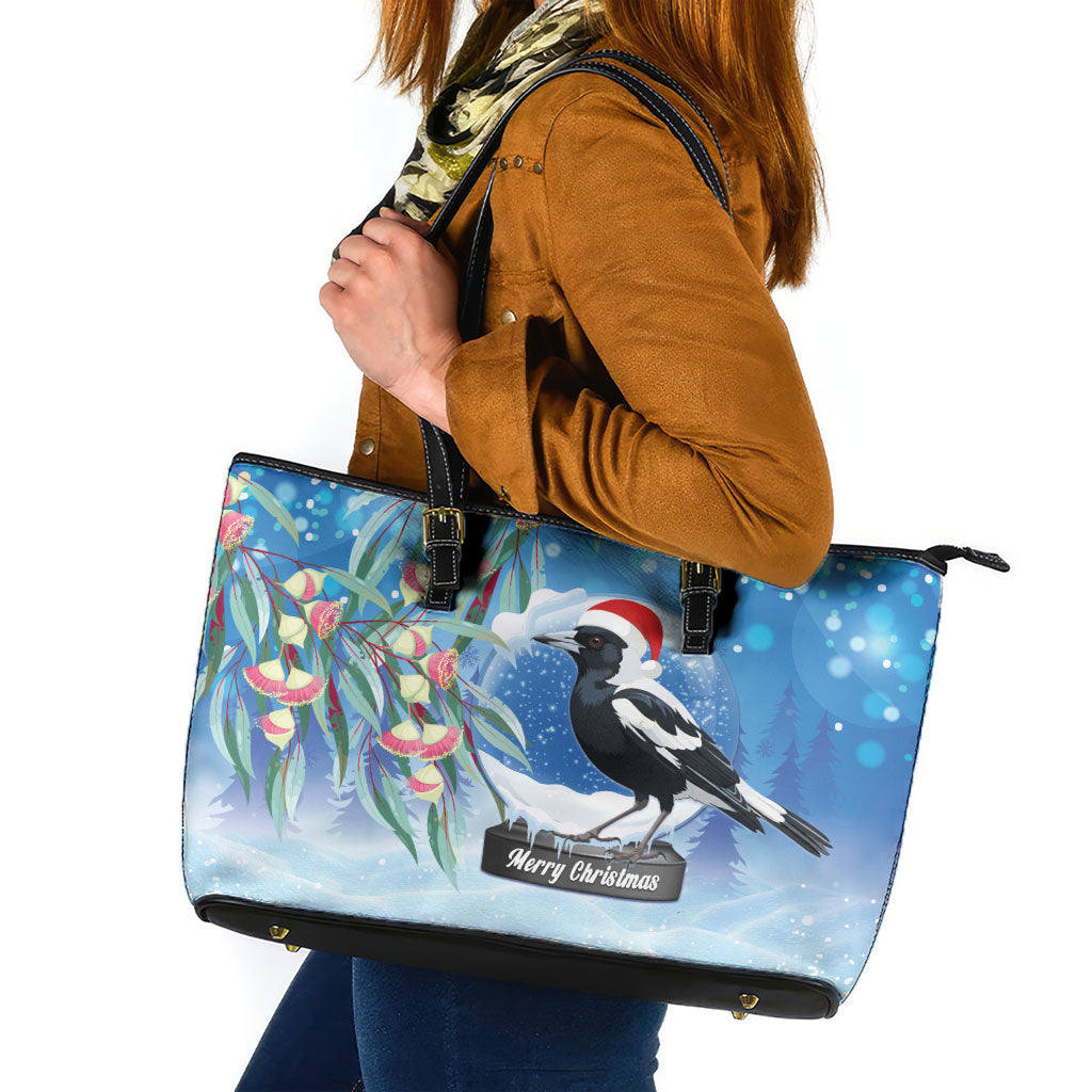 Australia Magpie Christmas In July Leather Tote Bag Eucalyptus Snow Globe Merry Xmas