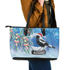 Australia Magpie Christmas In July Leather Tote Bag Eucalyptus Snow Globe Merry Xmas