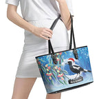 Australia Magpie Christmas In July Leather Tote Bag Eucalyptus Snow Globe Merry Xmas