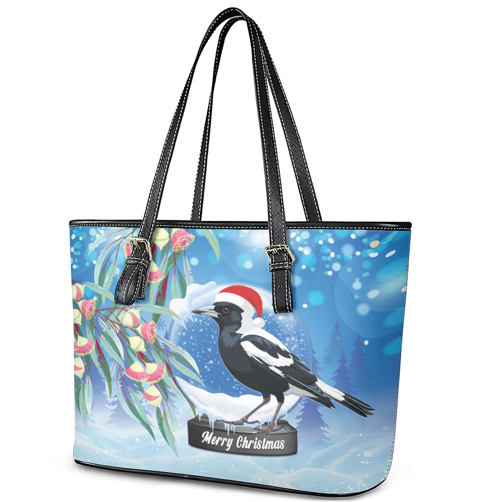 Australia Magpie Christmas In July Leather Tote Bag Eucalyptus Snow Globe Merry Xmas