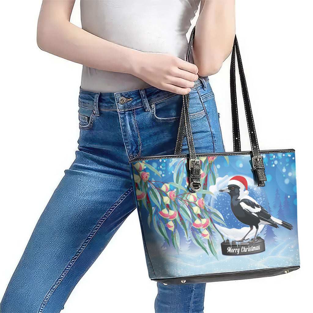 Australia Magpie Christmas In July Leather Tote Bag Eucalyptus Snow Globe Merry Xmas