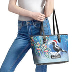 Australia Magpie Christmas In July Leather Tote Bag Eucalyptus Snow Globe Merry Xmas