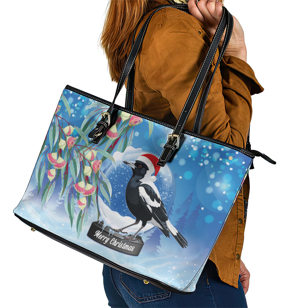 Australia Magpie Christmas In July Leather Tote Bag Eucalyptus Snow Globe Merry Xmas