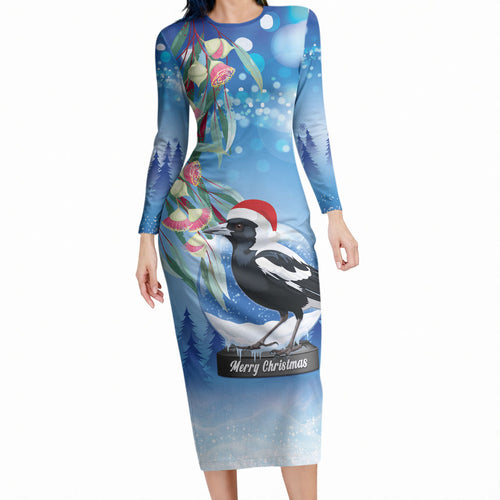 Australia Magpie Christmas In July Long Sleeve Bodycon Dress Eucalyptus Snow Globe Merry Xmas