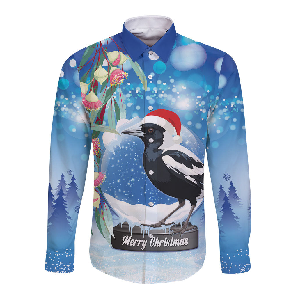 Australia Magpie Christmas In July Long Sleeve Button Shirt Eucalyptus Snow Globe Merry Xmas