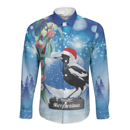 Australia Magpie Christmas In July Long Sleeve Button Shirt Eucalyptus Snow Globe Merry Xmas