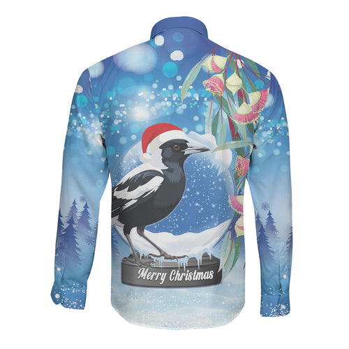 Australia Magpie Christmas In July Long Sleeve Button Shirt Eucalyptus Snow Globe Merry Xmas