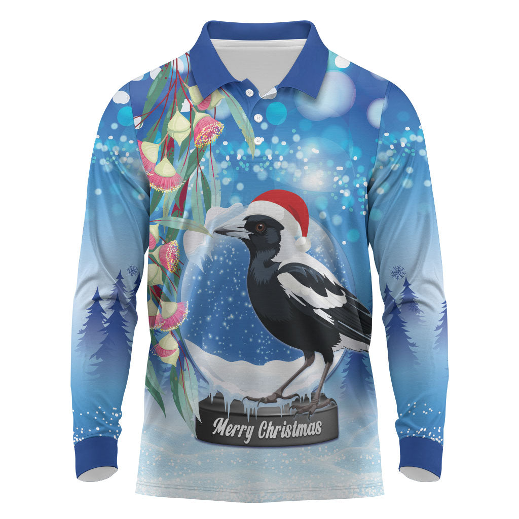 Australia Magpie Christmas In July Long Sleeve Polo Shirt Eucalyptus Snow Globe Merry Xmas