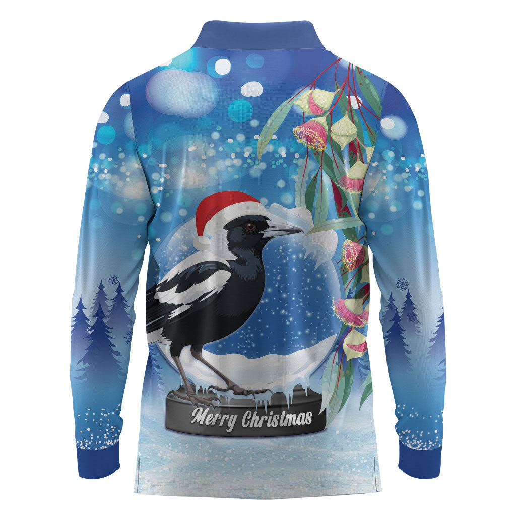 Australia Magpie Christmas In July Long Sleeve Polo Shirt Eucalyptus Snow Globe Merry Xmas