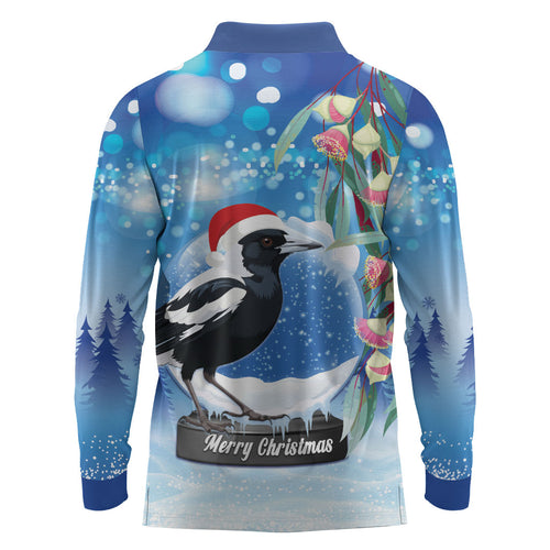 Australia Magpie Christmas In July Long Sleeve Polo Shirt Eucalyptus Snow Globe Merry Xmas