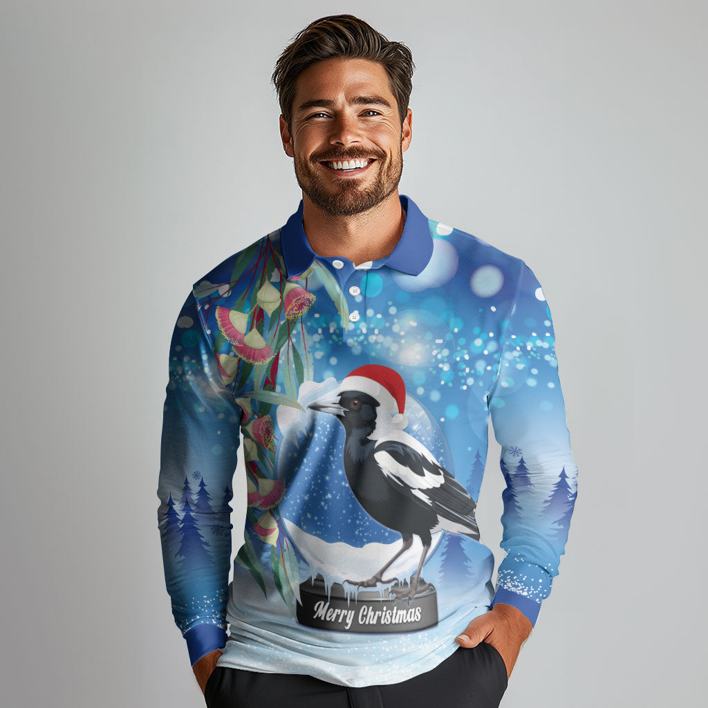 Australia Magpie Christmas In July Long Sleeve Polo Shirt Eucalyptus Snow Globe Merry Xmas
