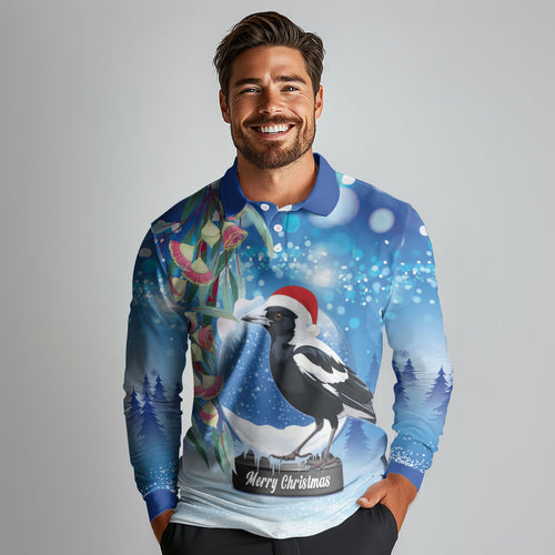 Australia Magpie Christmas In July Long Sleeve Polo Shirt Eucalyptus Snow Globe Merry Xmas