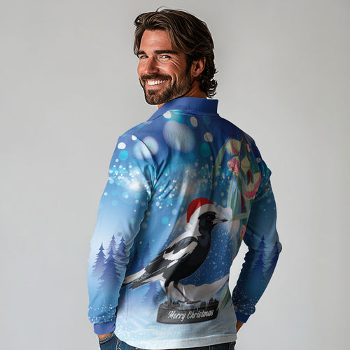 Australia Magpie Christmas In July Long Sleeve Polo Shirt Eucalyptus Snow Globe Merry Xmas