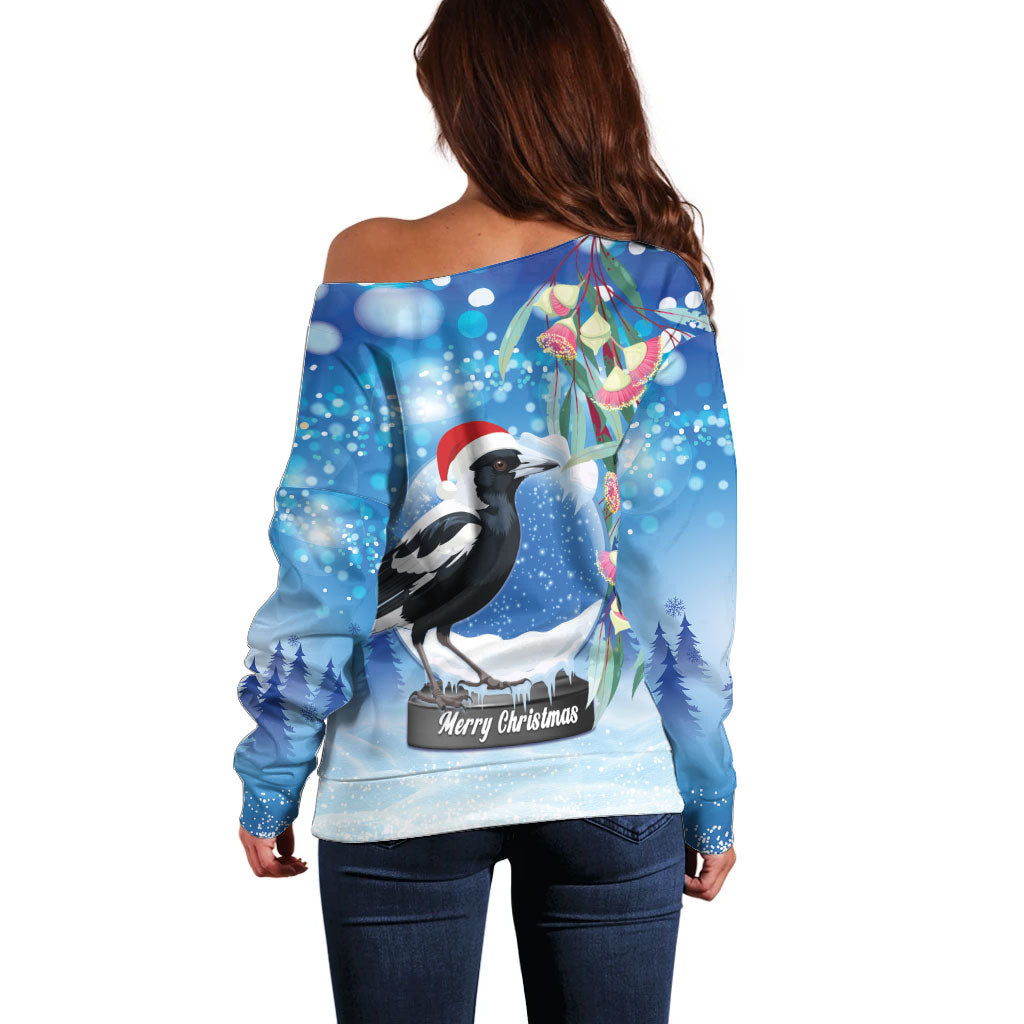Australia Magpie Christmas In July Off Shoulder Sweater Eucalyptus Snow Globe Merry Xmas