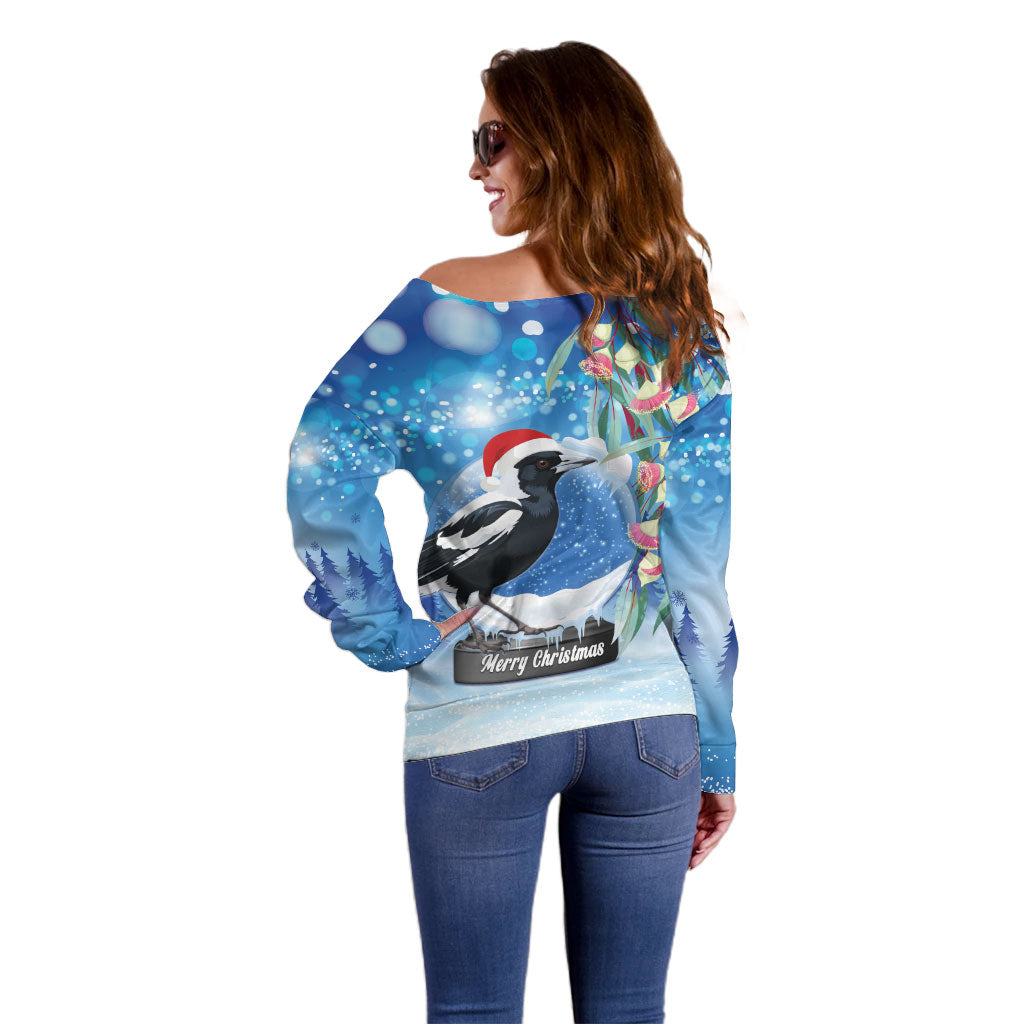 Australia Magpie Christmas In July Off Shoulder Sweater Eucalyptus Snow Globe Merry Xmas